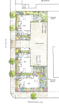 The site plan plces parking spaces at the rear and out of sight. It also gives each condo its own garden space. 