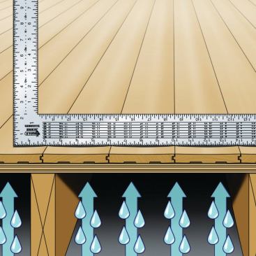 Uneven Expansion: Moisture in the subfloor, coming from a humid crawl space, causes hardwood strip flooring to cup upward as the bottom surface of the flooring expands while the upper surface does not.