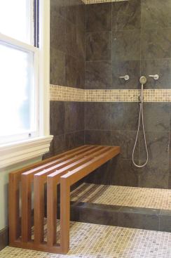 Seat Span

In this bathroom, designed and built by architect Maurice Levitch of Levitch Associates, in Berkeley, Calif., the custom bench spans the shower area and just beyond it, providing dry seating for use while dressing as well as seating for bathing. The bench is attached to the wall behind the tile and waterproofi ng using steel angles and is protected with Daly’s SeaFin Ship’n Shore Sealer.