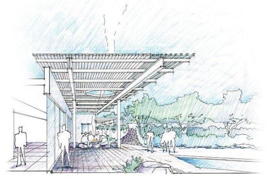 The architect's original sketch of the canopy included a round opening, but it was more cost-effective to follow the lines of the structure and make it rectangular.