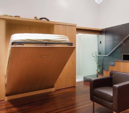 Beyond the sleek Murphy bed, etched glass pocket doors screen the combination bath/laundry/closet in this hardworking space.