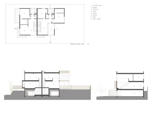 The second-loor plan and building sections.


