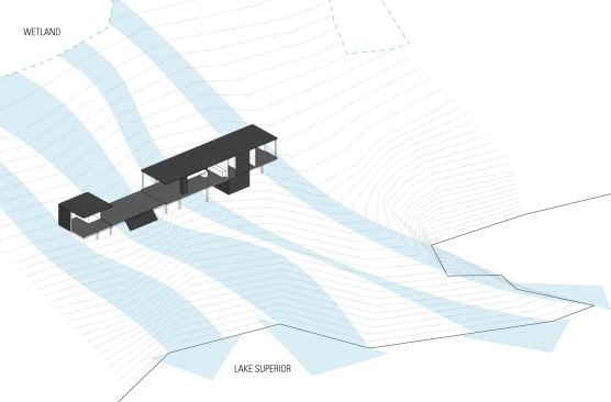 The house sits on a raised platform, allowing water to flow underneath it and down to the lake.