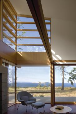 2011 rada Custom / 3,000 Square Feet or Less / Merit  Port Townsend Residence, Port Townsend, Wash.  principal in charge: Peter Q. Bohlin, FAIA, Bohlin Cywinski Jackson; project manager: David Guthrie, Bohlin Cywinski Jackson; general contractor: Pete Crocker, Crocker Construction, Seattle   Cedar louvers outside the living room filter the high southern sunlight.