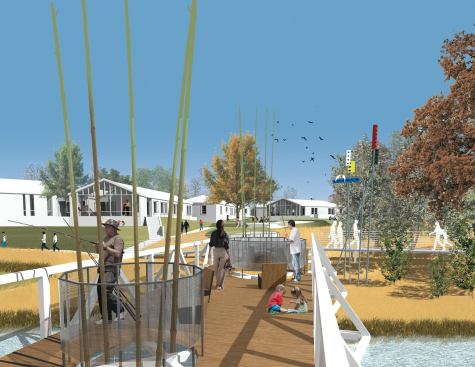 The meandering stream in this LEED-ND pilot project, designed for Habitat for Humanity, is a recreational alternative to the conventional drainage ditch.


