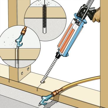 Apply the Epoxy Use a special epoxy canister in a caulking gun with an elongated mixing nozzle to inject epoxy into each hole, inserting the appropriate threaded rod as you go. Temporarily attach plate washers and nuts, but don't tighten them yet.