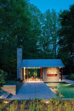 CHDA 2012 – Accessory Building / Merit Award  Architect: Robert M. Gurney, FAIA, Architect, Washington, D.C.; Builder: Peterson + Collins, Washington   This pavilion sits on the edge of a suburban backyard that abuts preserved woodlands, providing a threshold between the natural and manicured landscape. Robert Gurney, FAIA, says that “its relationship to the house, swimming pool, and landscape components was as important as the building itself.”