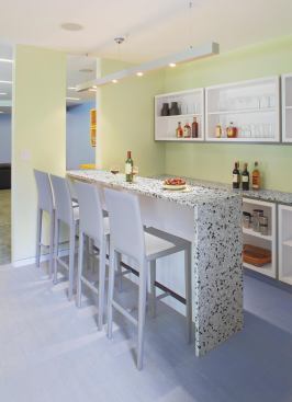 The bar and lounge area. All specified products, construction materials, and finishes are low or zero voc with typically high recycled content.