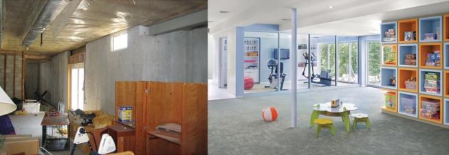 This before and after shot shows how the designer opened the foundation wall to take advantage of the rear elevation's walk out potential. A bluestone patio lies beyond the sliding glass doors. 