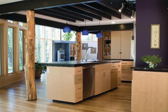 The contractor installed cedar tree trunks as structural posts in the kitchen and yoga room. Concrete countertops in the kitchen contain recycled glass, fly ash, and locally gathered river rocks.