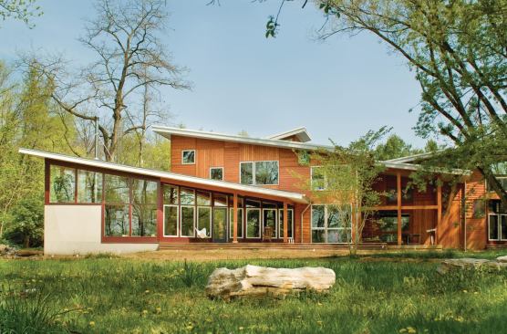 The owners analyzed materials and products based on environmental and healthiness criteria. Materials used include high-performance windows and glazing, high-efficiency plumbing fittings and fixtures, nontoxic insulation, geothermal HVAC, radiant-heat floor tubing, and a tankless hot water heater.