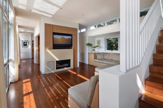 Built-in furniture declutters the compact floor plan.