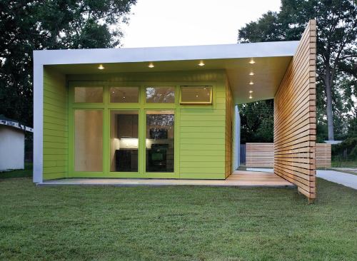A privacy screen shades the long side porch.