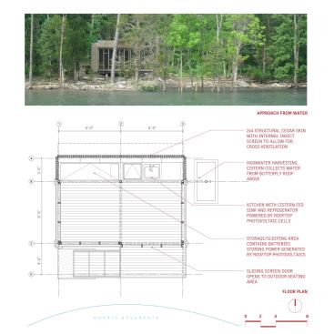 The floor plan and a view of the building from the lake.


