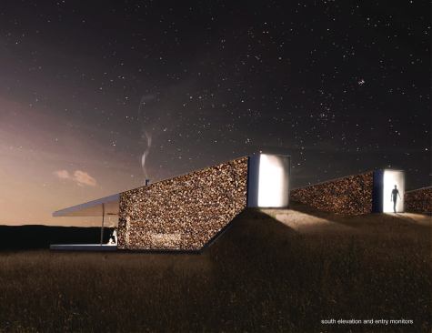 At night, the entryway to each cottage becomes a glowing beacon. Cordwood fills the south-facing wall of each cottage, acting as a thermal mass.