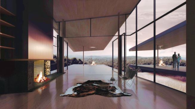 Wood, copper, and glass serve as the project's dominant building materials.