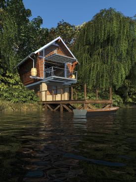 The Crib on Nanjemoy Creek is modeled after traditional American corn cribs. 8-foot-tall lower-level walls made of concrete masonry units support the structure and protect it from floods.