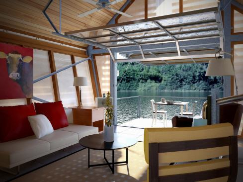 A garage-style door to the creek side of the building helps conserve interior and deck space.