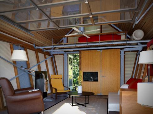 A fold-up kitchen transforms into a simple living room wall.