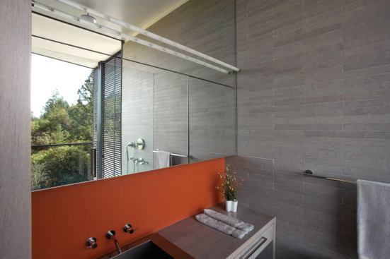 The master bath. The mirror reflects the view through the glass-walled shower.

