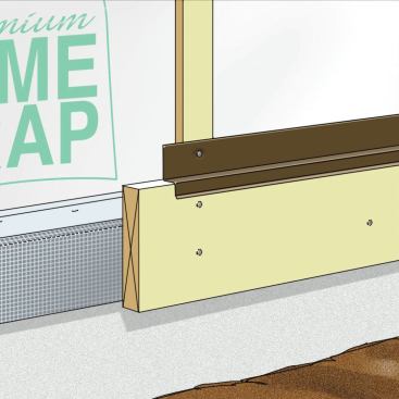 3. Detail the Flashing: Flashing behind the lowest course of siding directs water from the face of the clapboards out over the wall base trim. Incidental water reaching the housewrap drainage plane can escape through the Cor-A-Vent behind the trim.