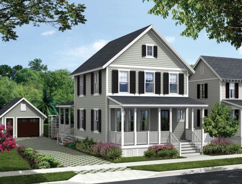 Charleston, S.C.Right Roofing: The simple gable roof is easy to build and maintain, thus decreasing the chance of callbacks due to leaks from inadequate flashing. Slate-look tiles from Inspire Roofi ng are made from a 100 percent recyclable blend of natural limestone and virgin resins. The tiles feature large nail guides and accuracy alignment tabs to ensure fast and proper installation. www.inspireroofing.com Pretty and Practical: An 8-foot-deep porch offers shelter from the elements and a usable outdoor space.Deluxe Door: The Straightline series model 181 full-panel entry door from Andersen Windows’ Architectural Entranceways features a rectangular glass panel with 3/4-inch chamfer profi le muntins that create six simulated divided lites. www.andersenwindows.com 