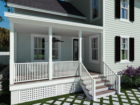 Porch Landing: An engineered composite porch decking and railing system from TimberTech features the company's Earthwood plank and Radiance Rail system. All components are made from recycled wood and plastic waste blended with adhesives and UV-inhibiting color pigments to resist damage and faading from sun and moisture exposure without paint, stain, or seal. The planks are available in 12-, 16-, and 20-foot lengths, and can span 20 inches on-center, and can be installed using a proprietary concealed fastening system. www.timbertech.com 