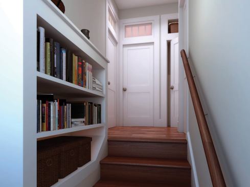 Tall, Not Grande: Nine-foot ceilings give bedroom areas room to breathe and allow space for transoms, but still maintain a feeling of intimacy and coziness. Designer Doors: TruStile’s TS2020 stile-and-rail interior doors feature a simple, two-panel design that exudes elegant practicality. Specified in a paint-grade MDF, the line is also available in 14 stain -grade wood species. Panels can be substituted with glass, grooved, or louver panels. www.trustiledoors.com.