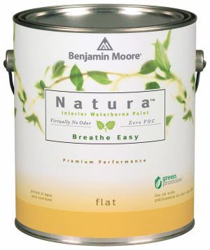 Natura Paint from Benjamin Moore contains no volatile organic compounds and contains a 100 percent acrylic resin.