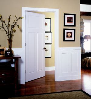 Safe 'N Sound Emerald doors from Masonite features wheat-straw particleboard solid cores, composite wood skins, and FSC-certified wood stiles and rails. It contains no added urea-formaldehyde.