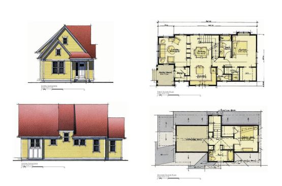 Second stories are tucked under steeply pitched roofs to minimize the scale.