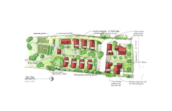 The site plan of 13 residences consists of two existing renovated houses on the street (one has two units); behind them are two cottages with multiple covered parking spaces beneath, and open parking. The remaining eight cottages are stepped down the south-facing slope toward a community garden and the river. 