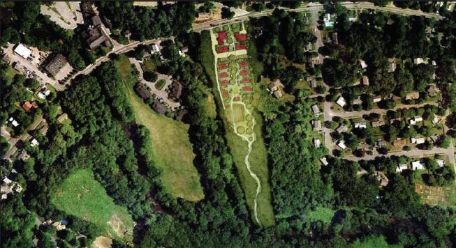 The community is tucked back from the street, and a path meanders down to the river.