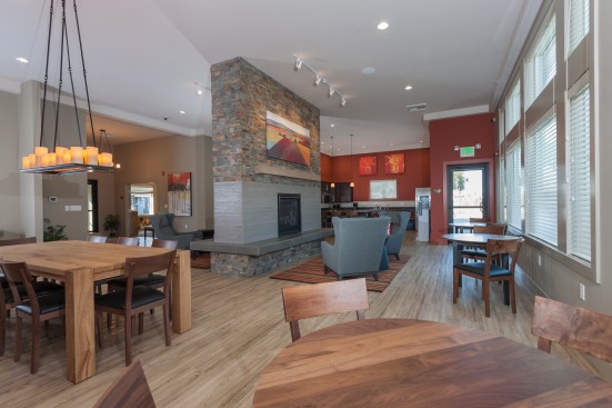 The clubhouse’s polished interior belies its affordable-housing designation.