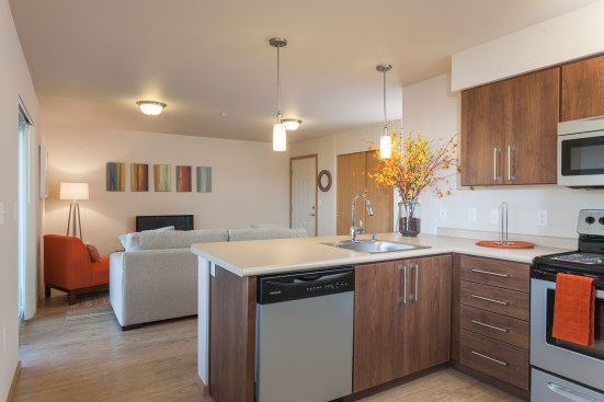 Sleek cabinetry and appliances make the most of a compact space.