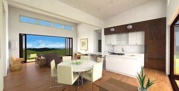 Sliding or telescoping glass walls on opposite sides of the Vista's great room naturally extend the living space to the outdoors while promoting cross ventilation.