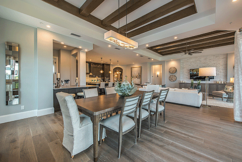 The Hygge trend shown here in FrontDoor Communities, embraces soft, clean lines to create comfortable surroundings.