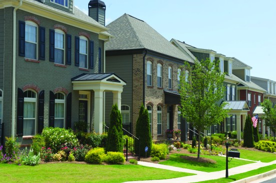 The Jamestown neighborhood in Alpharetta, Ga., is a gated, “lock-and-leave” community that features swimming pools and tennis courts. The builder mixed townhomes and single-family homes, and is selling the final townhome phase now. The homes come with rear-entry garages and side courtyards, and are priced from the high $200s to the high $300s.