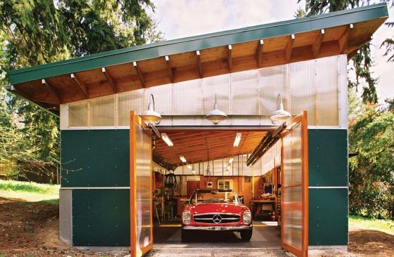 This workshop and garage in Seattle, designed by Harrison Architects and built by Sunshine Construction, features a green roof, FSC-certified wood, fly-ash concrete, and cellulose insulation.