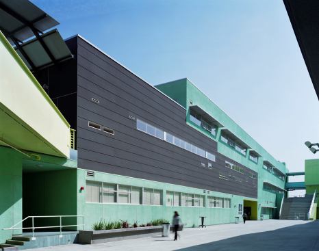 Library entrance with connecting bridges