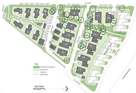 Making clever use of a small, wedge-shaped land parcel, the pocket development has transformed a high crime area into a close-knit village. Lanes connect to existing streets and alleys of the city grid. "We proposed to the city that we narrow the streets to reduce impervious surface area and avoid overheating of the microclimate," Chapin explains. "They went for it."