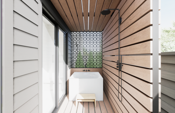 In addition to the shower indoors, the owner’s suite features a private outdoor shower and a soaking tub for washing both people and pets.