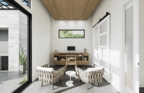 The flex room has the option to be an office, game room, or bedroom with an attached bath.