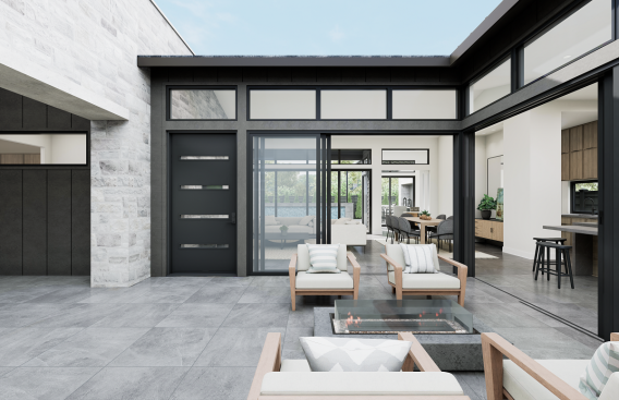 The private courtyard near the front door offers a quiet gathering space.