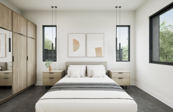 One of the home’s secondary bedrooms offers space for children or guests.