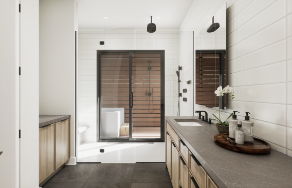 The owner’s suite includes a bathroom with both an indoor and an outdoor shower that are connected via sliding doors.