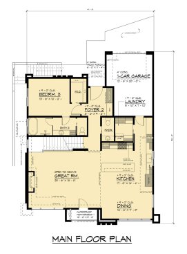Modern house plan with walkout basement, main level. See details at Houseplans.