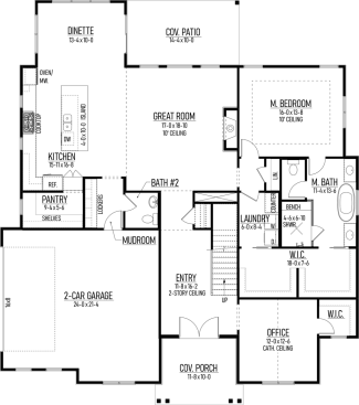 Farmhouse plan with four bedrooms, main floor plan. See more views at Houseplans.