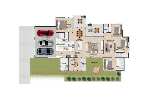 Mid century modern house plan with open layout, floor plan. See details at Houseplans.