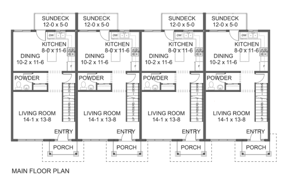 Simple multifamily home design, main floor plan. See details at Houseplans.